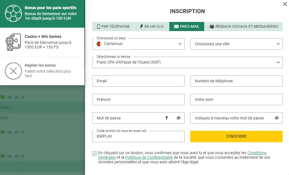 S'inscrire sur Betwinner par e-mail au Cameroun