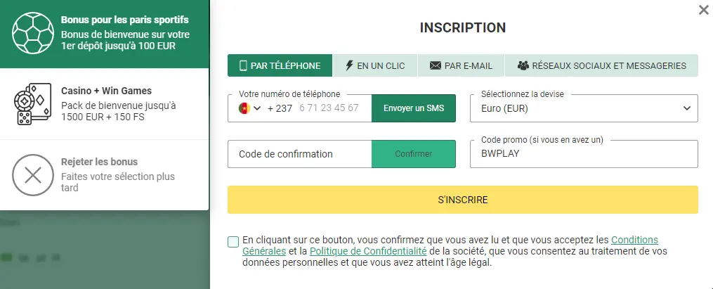 inscription betwinner en 1 clic