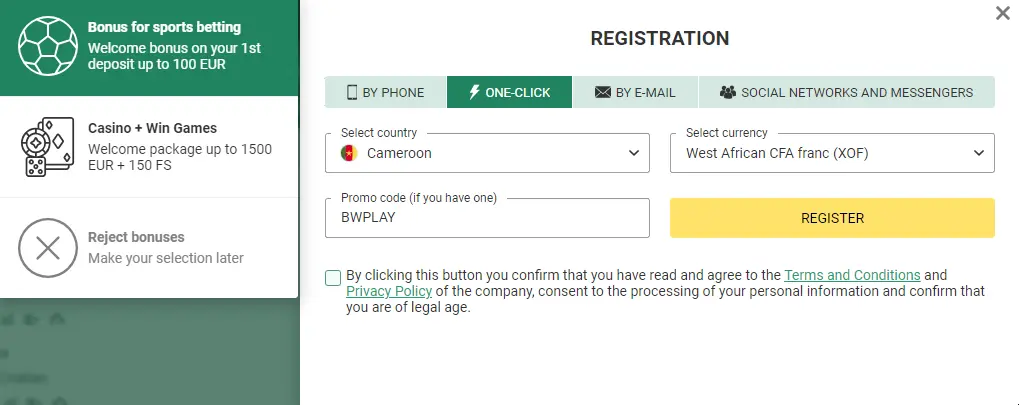 betwinner one click registration
