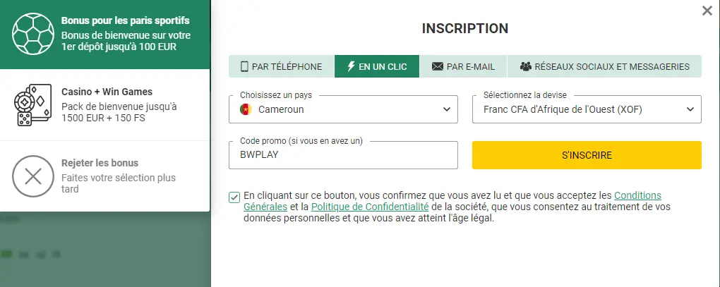 inscription betwinner en 1 clic