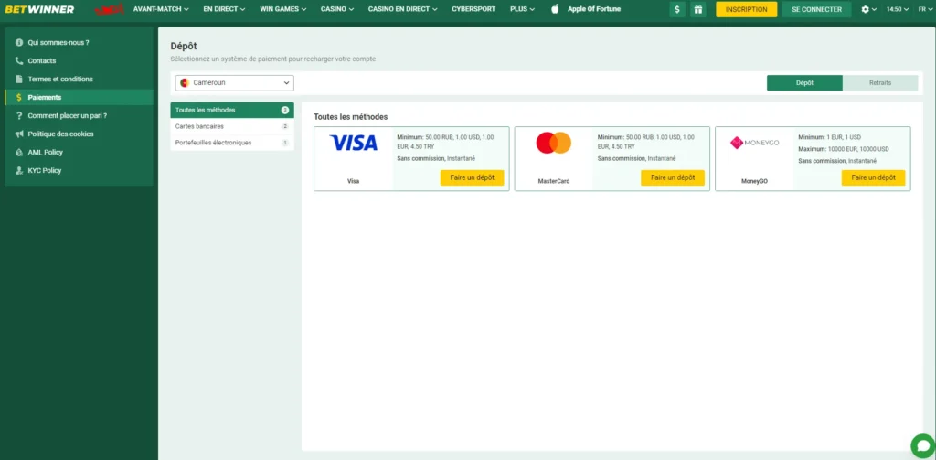 Moyens de paiement disponibles chez Betwinner Cameroun