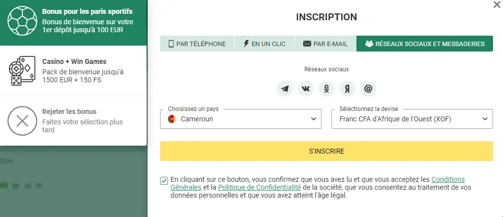 S'inscrire sur Betwinner via les réseaux sociaux